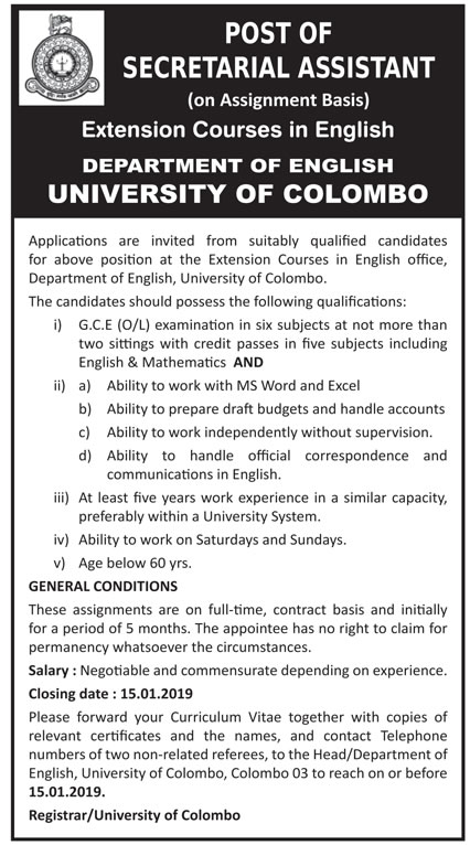 Secretarial Assistant - University of Colombo